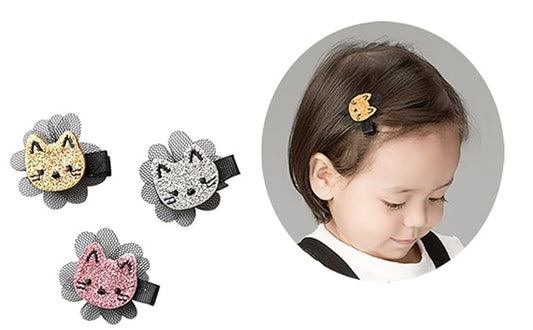 FANCYBABY Cat Design Hair Clips (3 Count) - Girls & Toddlers (Pink, Gold, Silver) - 3pcs Snap Clips - Cat Lovers - Party & Occasion