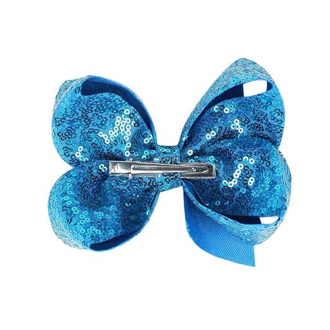 6 Inch Blue Sparkly Glitter Sequin Hair Bows for Girls Toddlers Kids Children Teenage (2PCS)