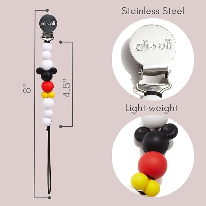 Ali+Oli Silicone Pacifier Clip for Baby (Mouse) 100% Food-Grade BPA Free Newborn Pacifier Holder Infant Binky Clip for Baby Boy or Girl