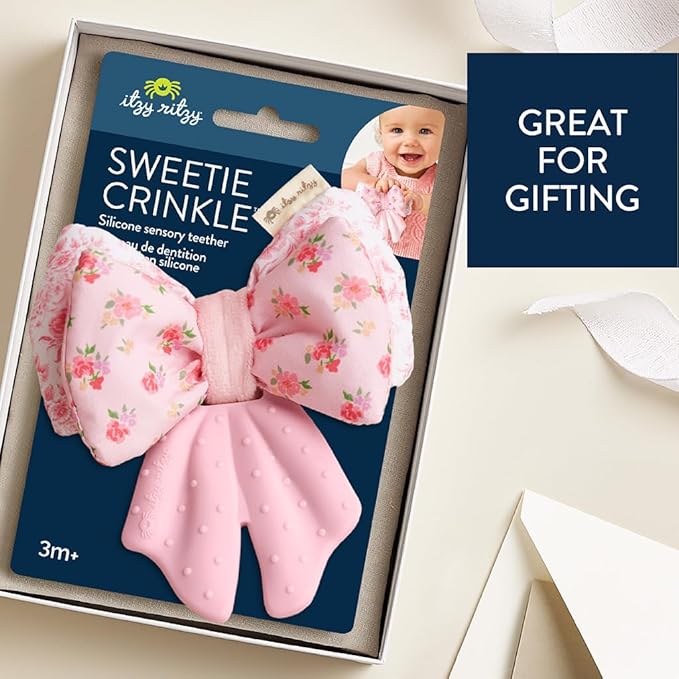 Itzy Ritzy Crinkle Teether Toy – Bow Teething Toy Includes Silicone, Velour & Crinkle Material – Features Multiple Textures for Teething Relief – Designed for Ages 3 Months and Up (Bows)