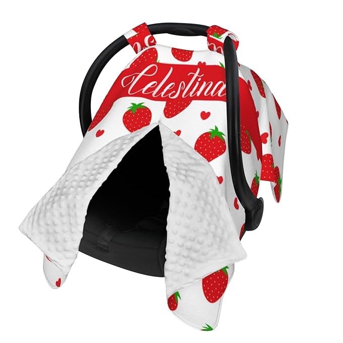 Strawberry Baby Car Seat Cover with Custom Name – Multipurpose Nursing Cover, Stroller Cover, Breastfeeding Privacy Canopy – Soft Breathable Blanket for Girls, Shower Gift