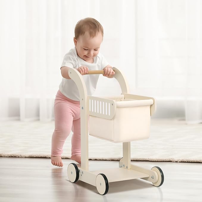 OOOK Baby Push Walker Doll Stroller, Wooden Baby Walker for Girls and Boys, Kids Shopping Cart for Toddlers, Kids Stand Learning Walker with 4 Wheels