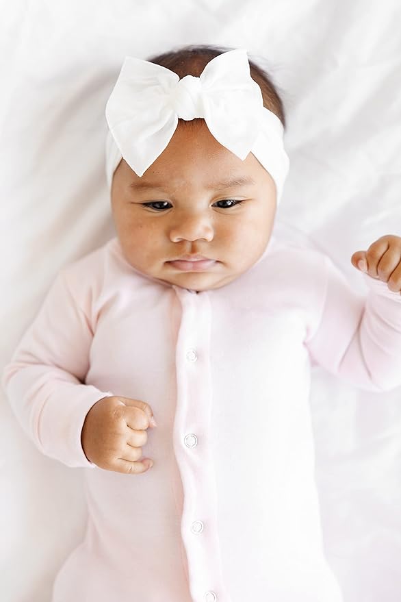 Baby Bling Bows - Newborn to Little Baby Girl Bows, 2 Pack Nylon Super Soft Stretchy Knot Toddler Headbands, Perfect Hair Accessories Head Bands for Infant Kids(Light Orchid & White)