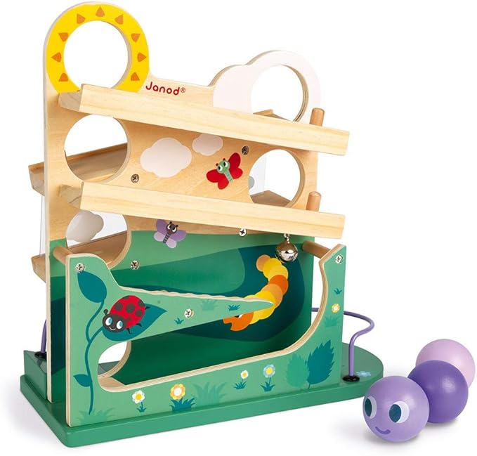 Janod - Wooden Caterpillar Ball Track 11.3x4.7x12 - Motor Skills Development - Boosts Imagination - Encourages Creative Play and Cognitive Growth - Safe Quality Materials