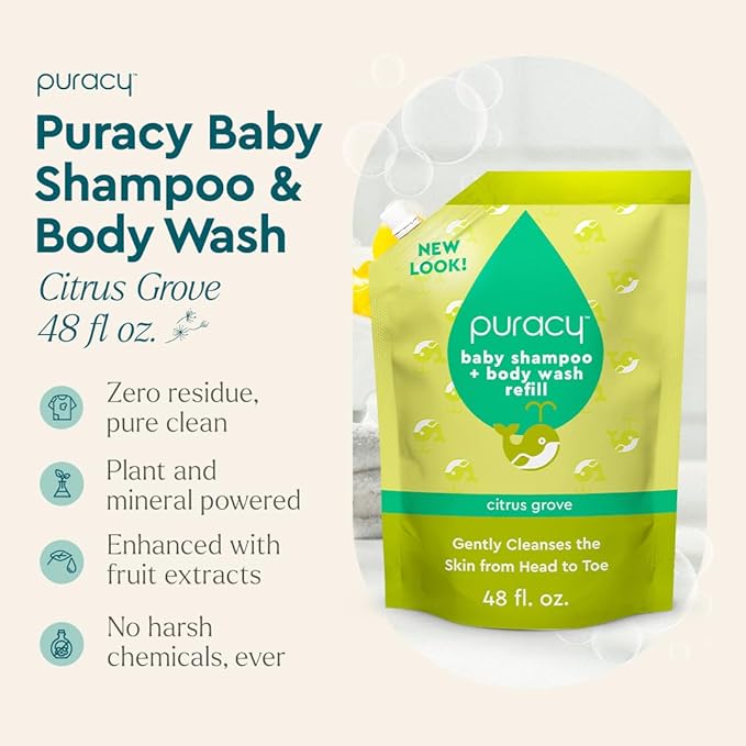 Puracy Shampoo & Body Wash for Children - Perfect Skin, Pure Ingredients - with 12 Fruit & Vegetable Extracts for Silky Smooth Skin, Gentle Citrus Grove Aromas, 98.8% from Mother Nature 48 Oz