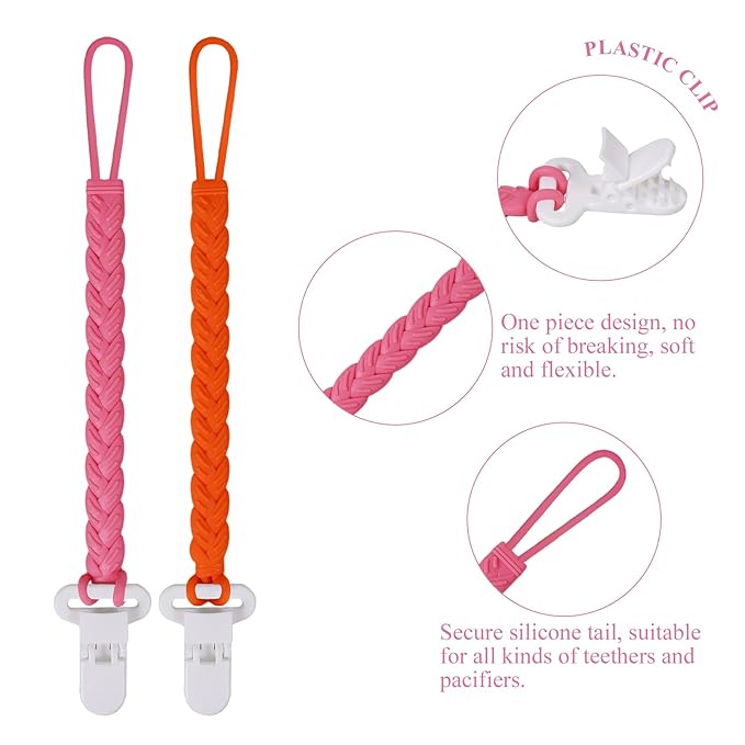 4 Pcs Pink Baby Silicone Teething Pacifier Clip,One-piece Design,Woven Shape,BPA Free.