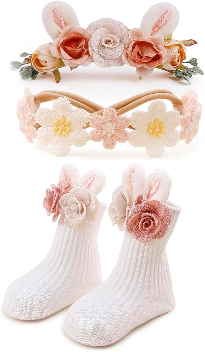 Baby Girls Headband & Socks Set, Cute Socks with Flower Hair Bows Baby Accessories Gifts for Newborn Infant Toddler