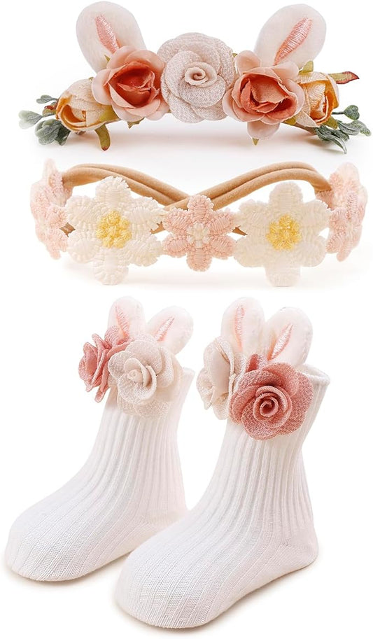 Baby Girls Headband & Socks Set, Cute Socks with Flower Hair Bows Baby Accessories Gifts for Newborn Infant Toddler