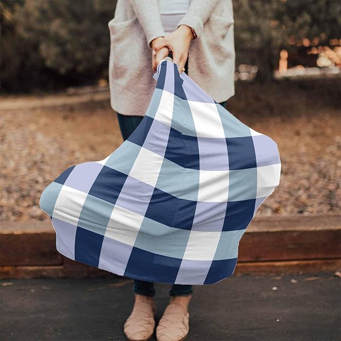 Blue White Plaid Car Seat Covers for Babies, Modern Geometric Checkered Lattice Nursing Breastfeeding Covers Stretchy Breathable Baby Carseat Canopy Cover for Girls and Boys Shower Gifts