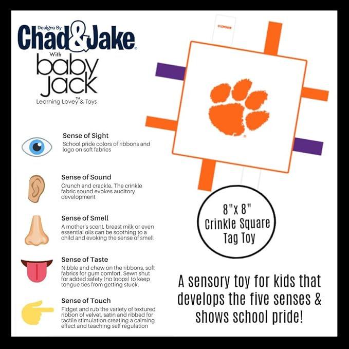 The Learning Lovey Clemson University Baby Tag Toy - College Baby Sensory Crinkle Toys - Soft & Safe - Ideal Baby Stroller Toy - BPA Free w/Stroller Clip (8" x 8" Tag Toy)
