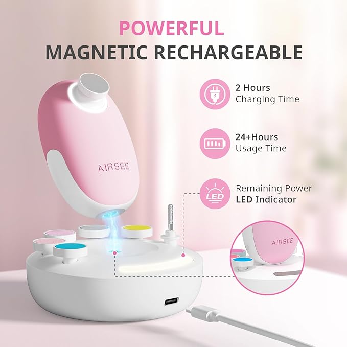 AIRSEE Baby Nail Trimmer Electric, Newborn Nail Clipper with Light, Safe & Easy Electric Nail File Baby Nail Clippers Baby Nail Care Set with LED Light, 6 Replacement Heads & Storage Case, Pink