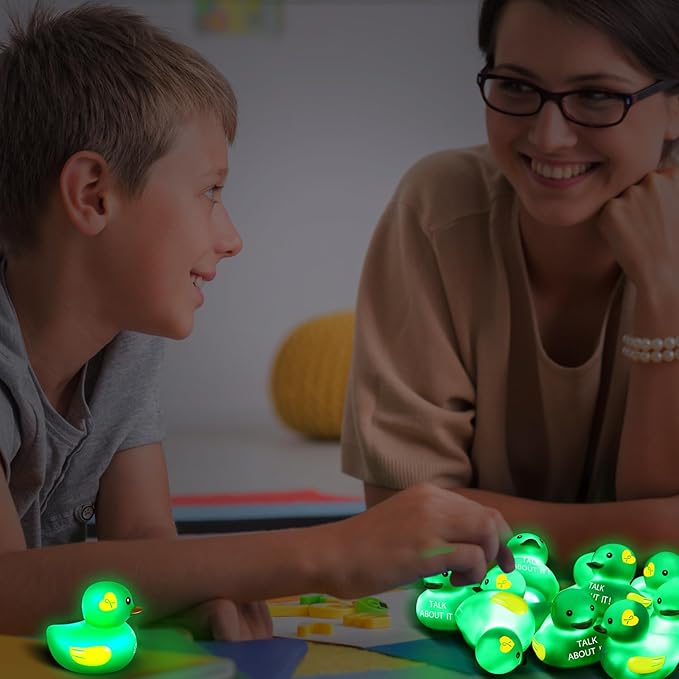 Deekin 100 Pcs LED Light up Mental Health Rubber Duck Mental Health Awareness Items 2'' Green Ribbon Cute Small Rubber Ducks Glow Toy Gifts for Fundraiser Party Supplies