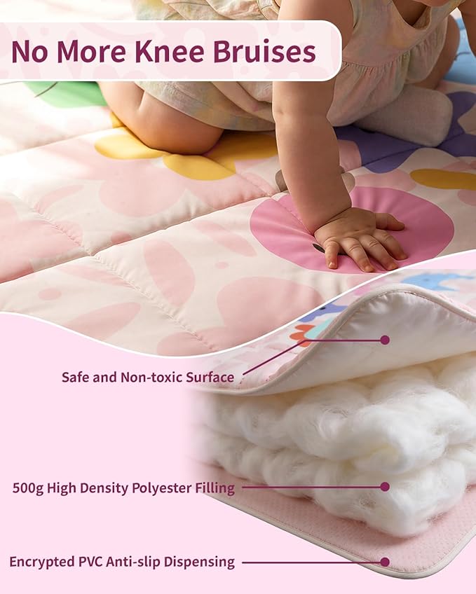 Baby Play Mat, Foldable Play Mats for Floor, 50x50 Inches Crawling Mat for Playpen with Anti-Slip Bottom, Machine Washable, Thicken Padding Foam Playmats for Babies and Toddlers (Pink Floral)