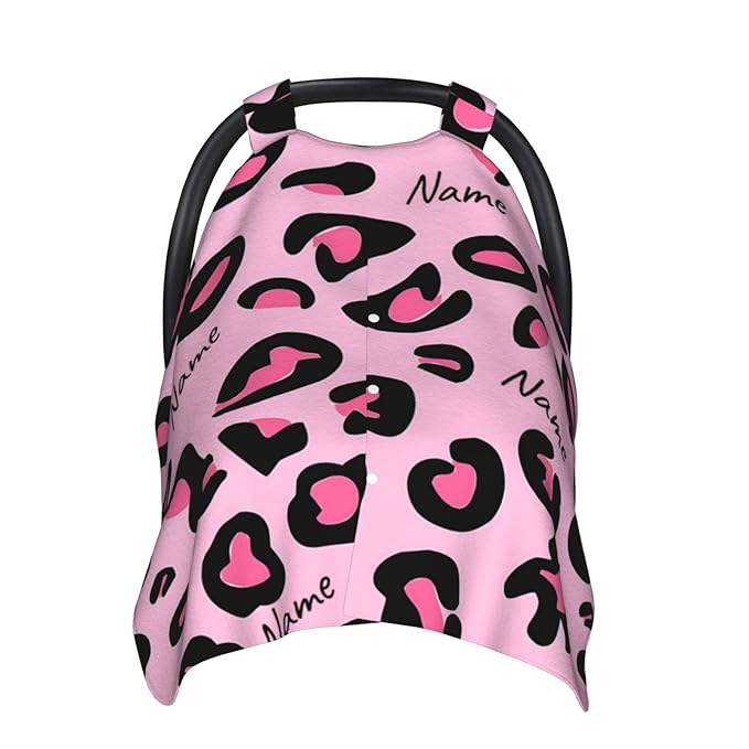 Personalized Baby Car Seat Canopy for Babies with Name, Custom Pink Leopard Print Stroller Car Seat Covers for Girls, Minky Nursing Carseat Cover for Breastfeeding, Car Seat Canopies for Newborn