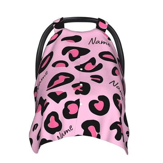 Personalized Baby Car Seat Canopy for Babies with Name, Custom Pink Leopard Print Stroller Car Seat Covers for Girls, Minky Nursing Carseat Cover for Breastfeeding, Car Seat Canopies for Newborn