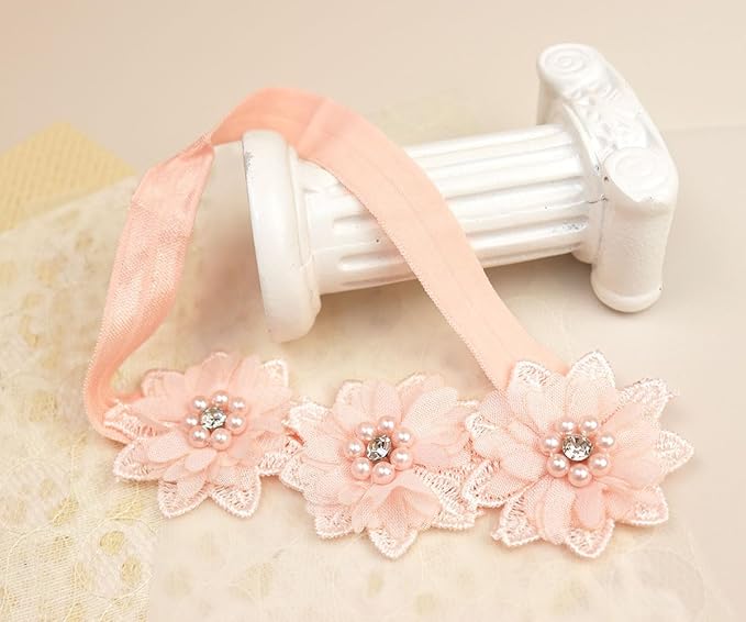Bethynas White Flower Lace Elastic Headband for Baby Girls Floral Baptism Christening Toddler Hairband Infant Flower Pearl Birthday Party Hair Accessory for Newborn Girl (Pink)