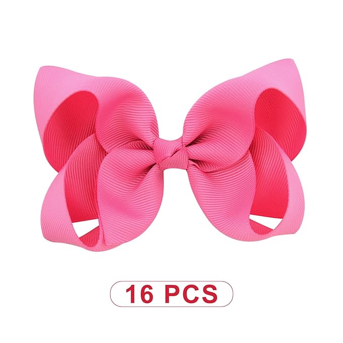 DEEKA 16 PCS 4" Hand-made Hair Bow Grosgrain Ribbon Solid Color Hair Bow Alligator Clips Hair Accessories for Little Teen Toddler Girls -Hot Pink