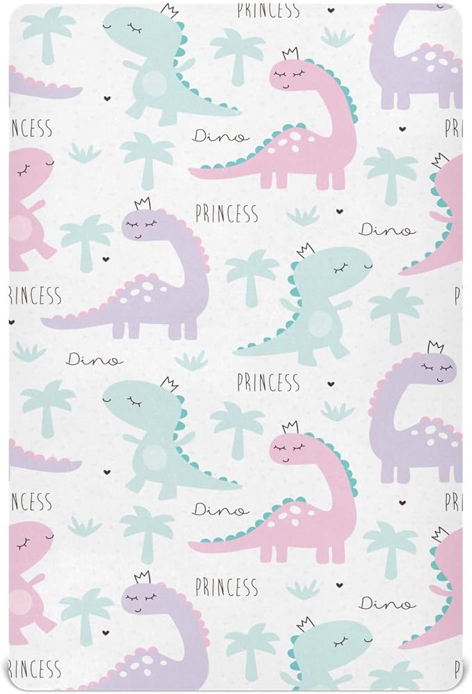 Dinosaur Princess Pink Green Fitted Crib Sheets Stretchy Portable Playard Sheets for Baby Toddler, Breathable Soft Mini Crib Mattress 52 x 28 in for Boys and Girls