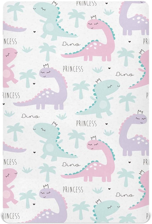 Fitted Crib Sheets Dinosaur Princess Pink Green Stretchy Portable Playard Sheets for Baby Toddler, Breathable Soft Mini Crib Mattress 39 x 27 in for Boys and Girls