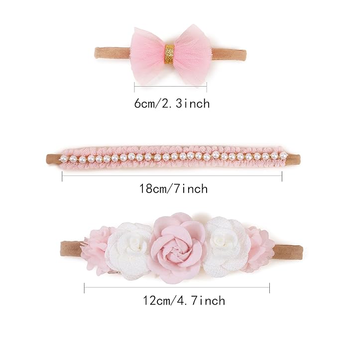 cherrboll Baby Girl Nylon Headbands, 3Pcs Handmade Floral Hair Bows, Stretchy Flower Hairbands for Newborns Infants Toddlers