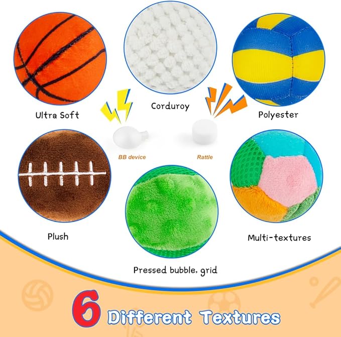 Beetoy Sensory Sports Balls for Infant Toddlers, Baby Toys for Early Education, Different Sensory Tactile Textures Balls with Rattle & Squeakers