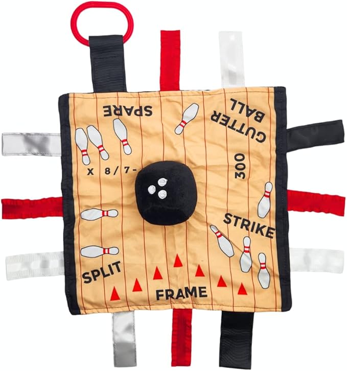 Baby Jack & Co 10x10 Bowling Sports Lovey Sensory Plush Blanket - Tag Toys for Babies - Baby Stroller Toys - Learn Shapes, Letters & Colors - Perfect MVP Baby Toy & Baby Sports Gift w/Stroller Clip