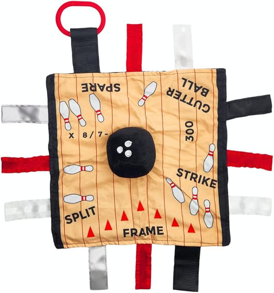 Baby Jack & Co 10x10 Bowling Sports Lovey Sensory Plush Blanket - Tag Toys for Babies - Baby Stroller Toys - Learn Shapes, Letters & Colors - Perfect MVP Baby Toy & Baby Sports Gift w/Stroller Clip