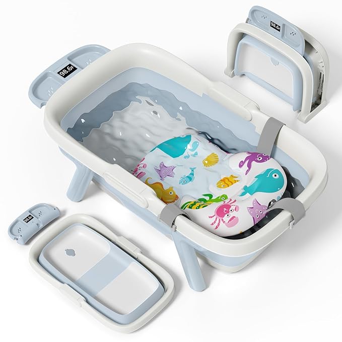 Collapsible Baby Bathtub, Large Infant Bath Tub with Thermometer & Cute Soft Cushion for Newborn to 36-Month Toddlers, Storage and Non-Slip Feet Design, Baby Bath Gift (Blue)