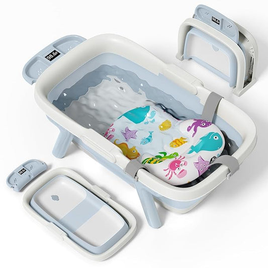 Collapsible Baby Bathtub, Large Infant Bath Tub with Thermometer & Cute Soft Cushion for Newborn to 36-Month Toddlers, Storage and Non-Slip Feet Design, Baby Bath Gift (Blue)