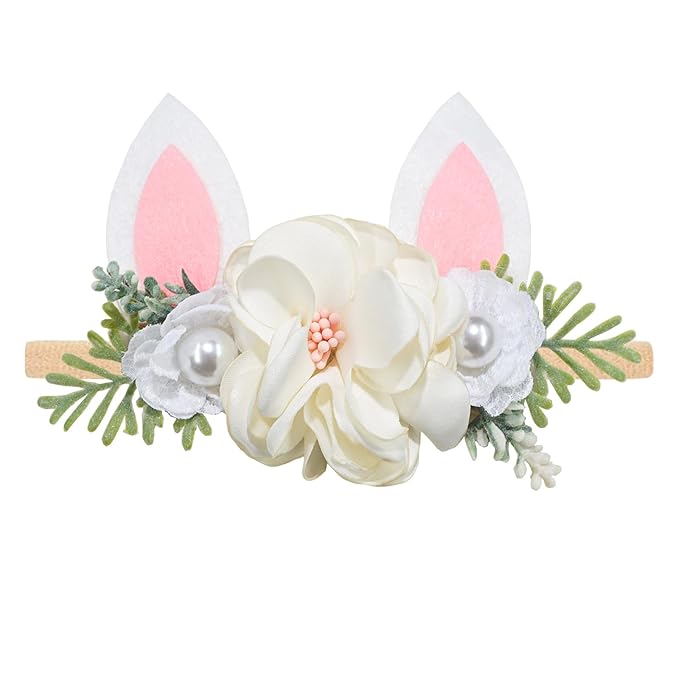 Baby Girls Flower Headband Easter Bunny Ears Nylon Hairband Cute Floral Rabbit Fairy Hair Accessories for Newborn Infant Toddler Kid