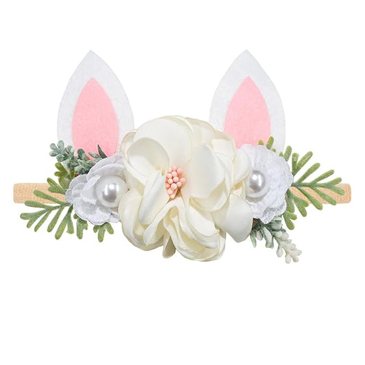 Baby Girls Flower Headband Easter Bunny Ears Nylon Hairband Cute Floral Rabbit Fairy Hair Accessories for Newborn Infant Toddler Kid