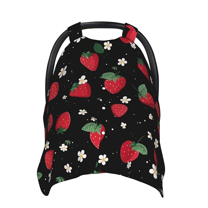 KiuLoam Strawberry Floral On Black Baby Car Seat Canopy, Nursing Cover for Mom Breastfeeding Scarf, Infant Car Seat Cover/Multiuse Baby Stroller Covers for Babies Boys Girls