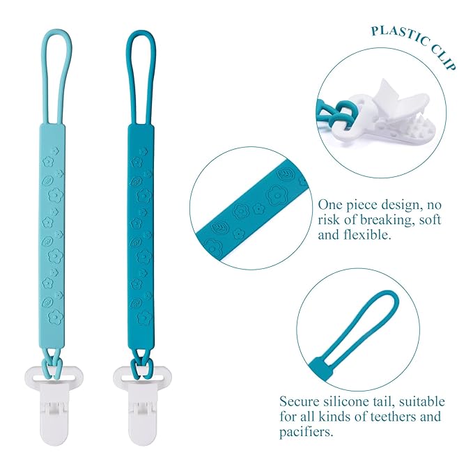 One Piece Design Silicone Pacifier Clip Holder for Baby Boys and Girls,Pack of 4 Flexible Paci Leash,Binky Clips,Newborn Essentials (Flowers & Leaves, Green)