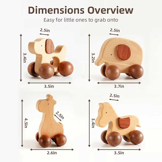 Wooden Animal Push Car Set, 4PCS Solid Hardwood Toy Vehicles for Toddlers & Kids 3+ | Natural Wood Animal Cars (Puppy, Elephant, Pony, Giraffe) | No Paint, Hand-Sanded, Gift-Ready
