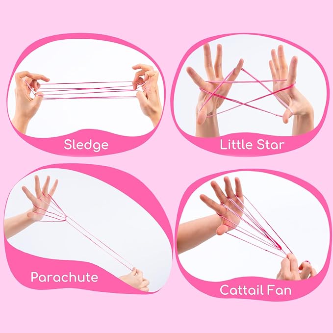 Cikyner Cat’s Cradle String, 8 Pcs Finger String Game 2m Long 2mm Diameter Cats Cradle with Instructions Polyester pink String Toy Supplies Ideal for Gifts for Girls and Boys on Birthday Easter