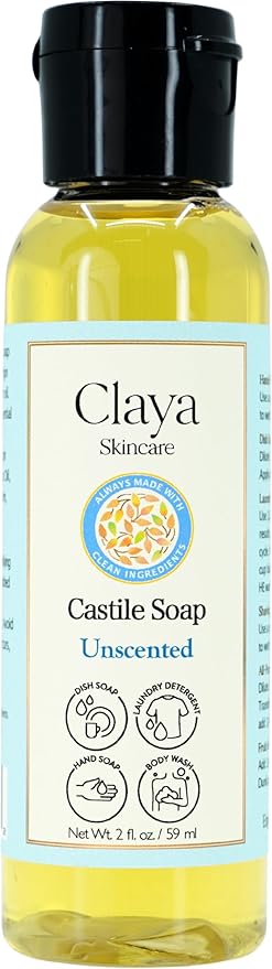 Claya Unscented Liquid Castile Soap – Organic Ingredients, Biodegradable, Gentle for Sensitive Skin and Versatile Use (Travel Size 2 fl oz)
