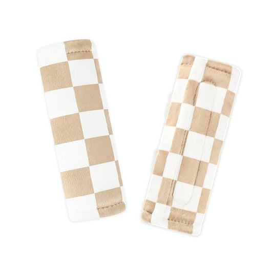 DILIMI Baby Car Seat Belt Covers, 2Pcs Carseat Shoulder Strap Pads, Soft Minky Car Seat Neck Covers, Newborn Car Seat Strap Protectors, Stroller Strap Covers for Baby Kids, Brown Checkered