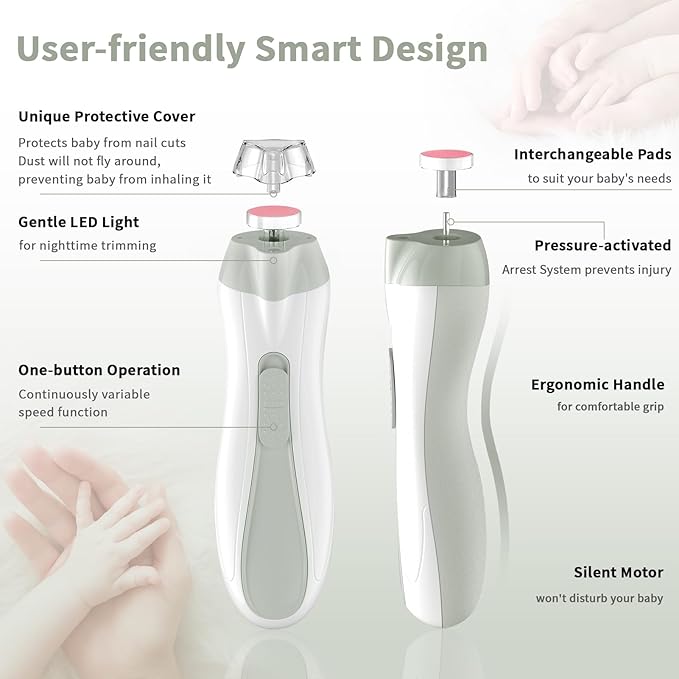 Baby Nail File Electric Baby Nail Care Set with LED Light, Baby Nail Clipper Electric for Newborn/Infants/Adults Toenails and Fingernails, 7 Grinding Head Replacement Pads, Grey