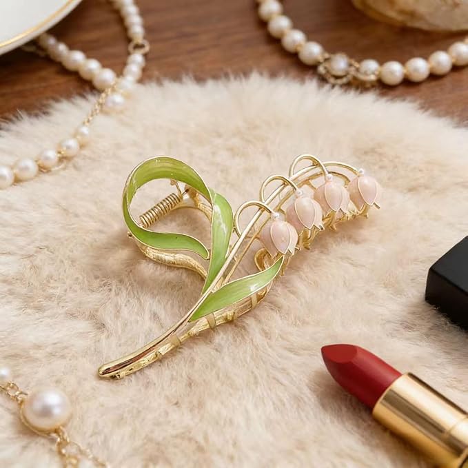 1PC Pink Gold Lily of The Valley Flower Hair Clips, Large Metal Claw Clip,Orchid Clamps,Lily Jaw Clamp Styling Accessories for Thick Thin Clips and Barrettes