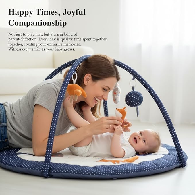 Baby Play Gym Mat,Tummy Time Mat - 100% Cotton Soft Playmat with 6 Detachable Toys for Tummy Time,Machine Washable,Sensory Development Gift（Little Fox）