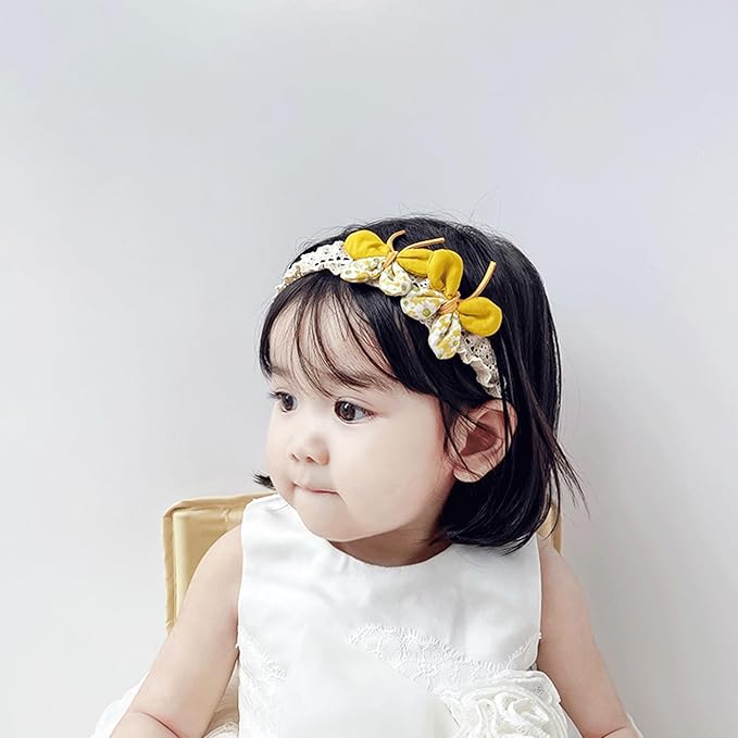 Baby Girls Hairbands Lace Flowers Headband Handmade Soft Stretchy Colorful Flower Hairband Newborn Headbands with Pearls Elastic Hairbands for Infant Head Band (Yellow Butterfly)