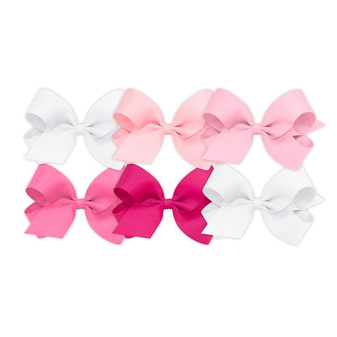 Wee Ones Girls' 6 Piece Set of Bows, Solid Grosgrain Variety Pack on a WeeStay No-Slip Hair Clip, Large, White, Light Pink, and More!