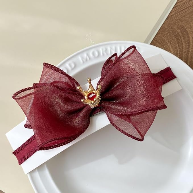 Cute Baby Girl Headband with Lace Bow and Crown Elastic Lace Bow Hair Band Newborn to Toddler Hair Accessory Shower Birthday Party Gift (Dark red, Free)