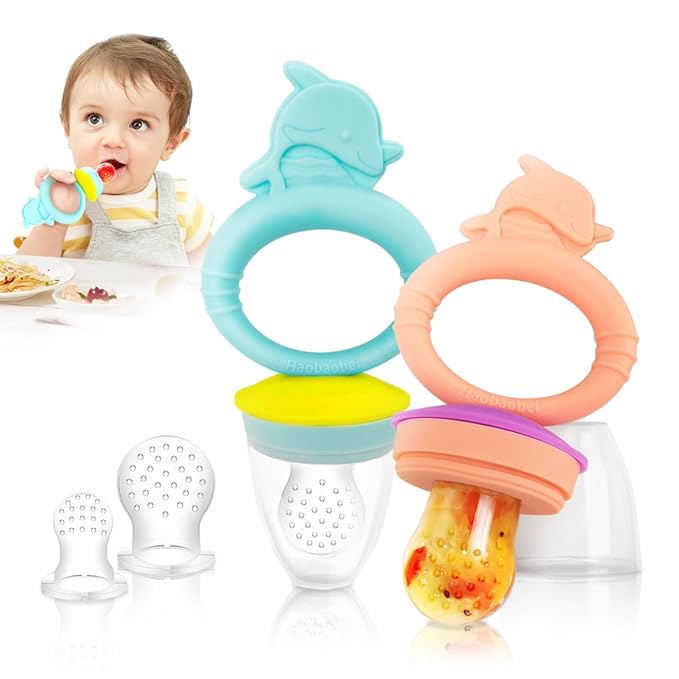Baby Solids/Frozen Fruit Feeder Pacifier, Infant Teether Toy 4M+, BPA-Free Silicone Pouch & Nipple, Safely Introduce Solids, Teething Relief, 2-Pack