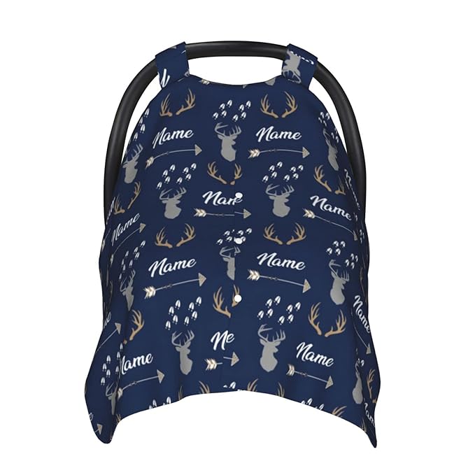 Personalized Deer Baby Car Seat Canopy for Babies with Name, Custom Car Seat Covers Boys Girls, Peekaboo Opening Minky Nursing Breastfeeding Cover Infant Car Seat Canopies for Newborn