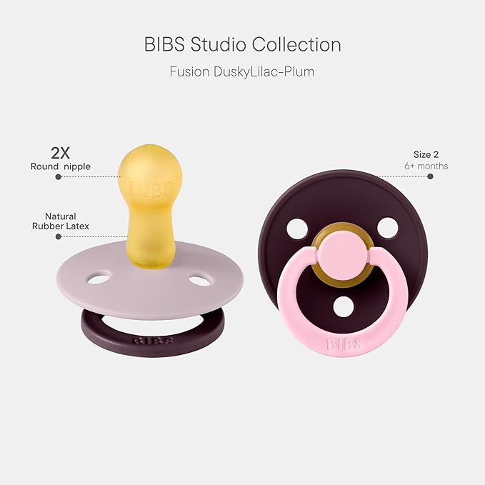 BIBS Colour Studio Pacifier 2-Pack, BPA Free, Round Nipple. Natural Rubber Latex, Made in Denmark, Size 2 (6-18 Months) - Dusky Lilac/Plum