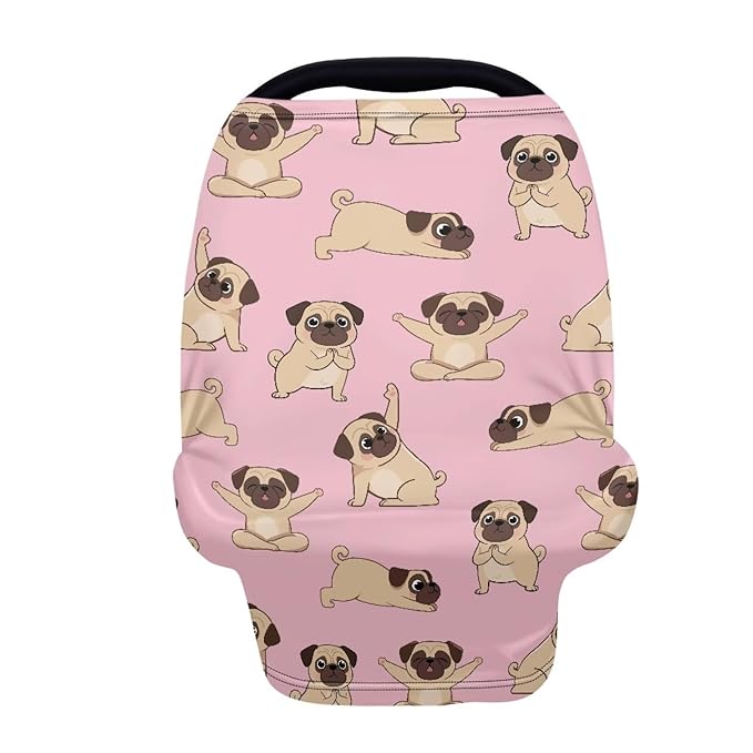 AFPANQZ Cartoon Pug Dog Car Seat Covers for Babies Stretchy Lightweight Extra Soft Nursing Cover Breastfeeding Shield Carseat High Chairs Gender Neutral Shopping Carts Infant Baby Beanie and Bags