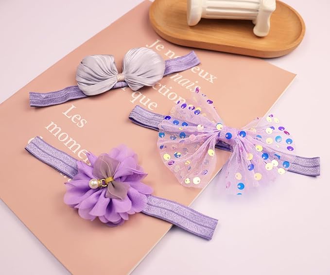 3pcs Baby Girl Bows Headband Chiffon Flower Hairband for Newborn Infant Toddler Soft Elastic Hair Bow Accessories for Baby Birthday Party (Purple, Standard size)