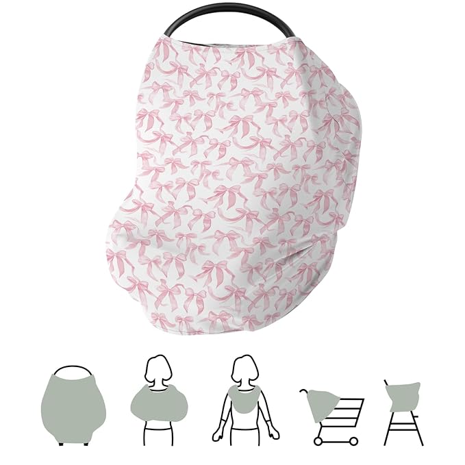 Pink Valentine's Bows Car Seat Cover for Babies Girl Bows Stretchy 5-in-1 Cover Adjustable Infant Carseat Cover Canopy Breathable Baby's First Valentine's Day Nursing Cover-Up