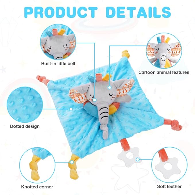 Vicloon Elephant Baby Security Blanket, 3IN1 Plush Baby Security Blanket with Tags&Teether, Babies Security Blanket for Boys&Girls, Security Blanket for Nursery Strollers, Cribs, Car Seats(Blue)